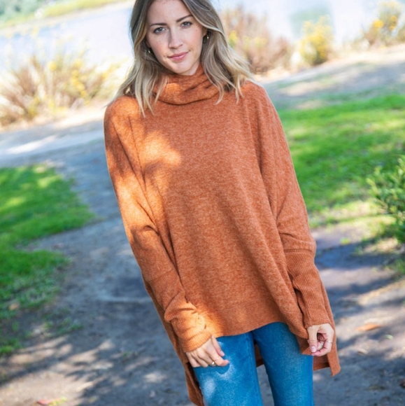 CAMEL BRUSHED MELANGE COWL NECK PONCHO SWEATER - Picture 4 of 8